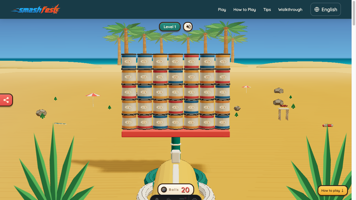 Smash Fest Level 1 starting layout with a seven-column wall of tin cans