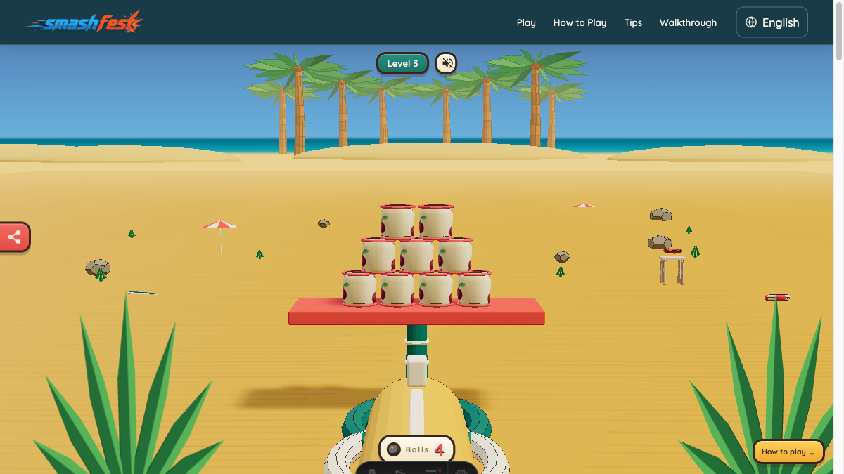 Smash Fest Level 3 starting layout with a three-row pyramid of nine glass targets