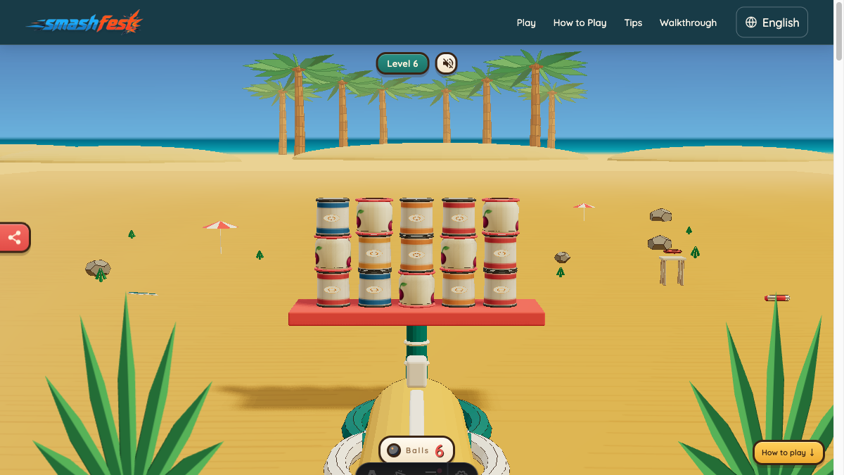 Smash Fest Level 6 starting layout with fifteen tin and glass targets in a five-column wall