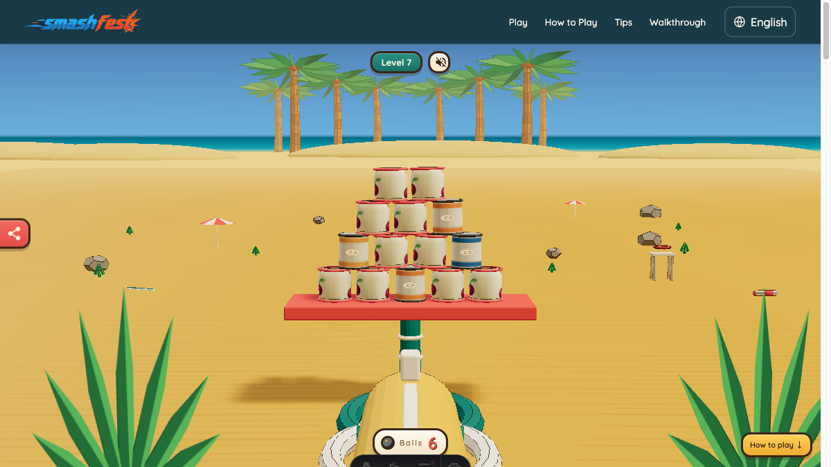 Smash Fest Level 7 starting layout with a four-row pyramid of glass and tin targets