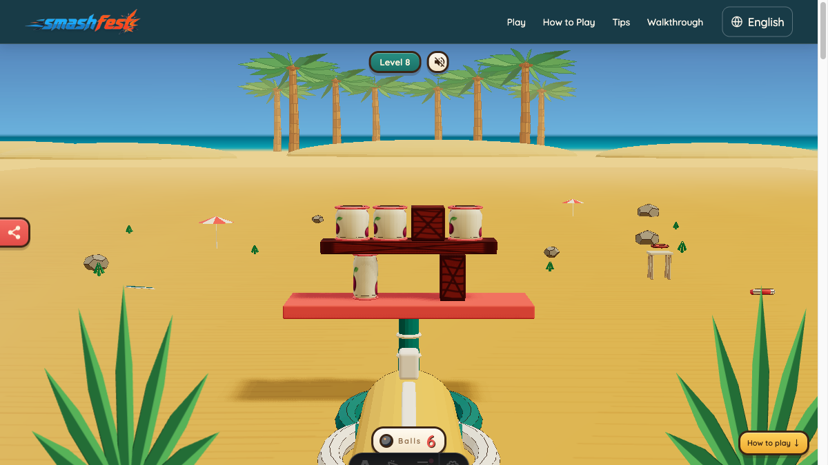 Smash Fest Level 8 starting layout with a bridge of seven glass and wood targets