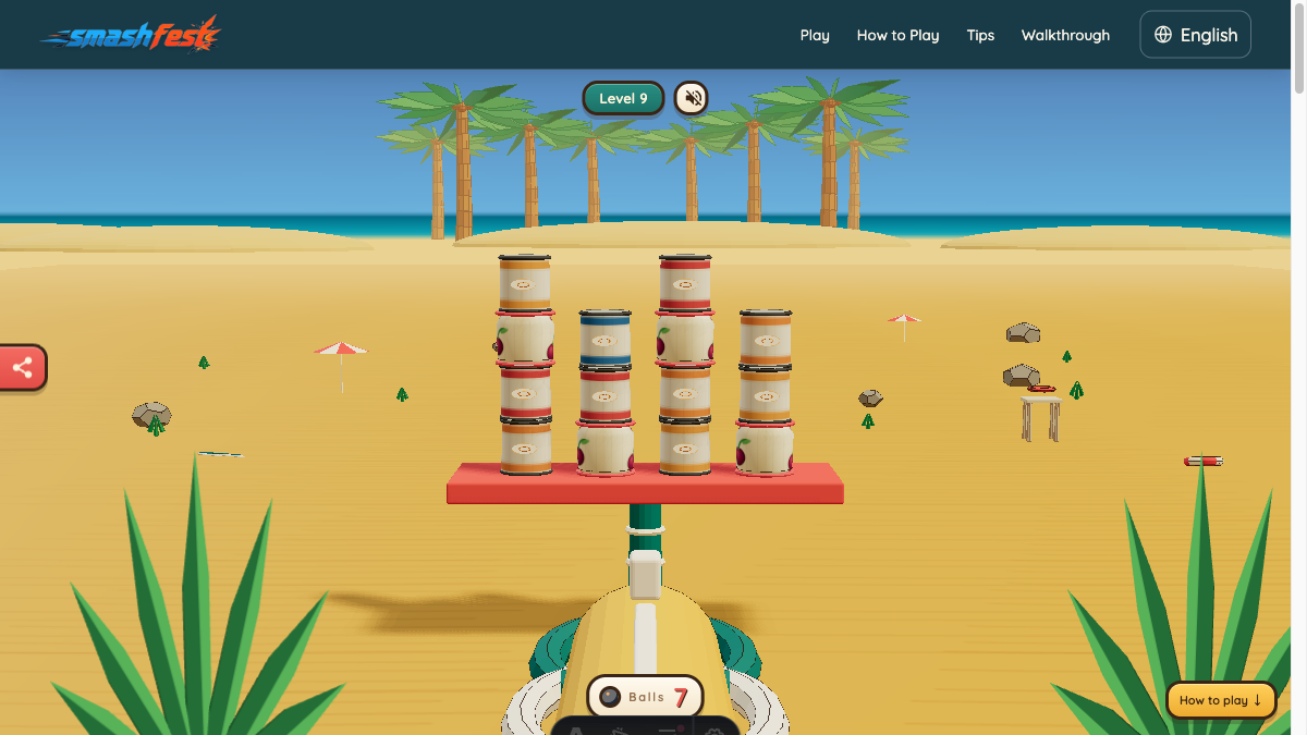 Smash Fest Level 9 starting layout with fourteen tin and glass targets in tall tower groups