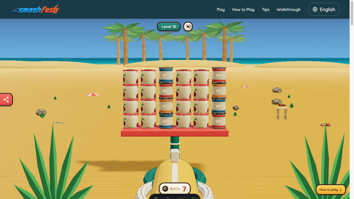 Smash Fest Level 10 starting layout with a six-column wall of 24 glass and tin targets