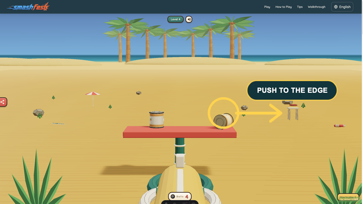 A Smash Fest tin target near the table edge with an arrow showing the outward push direction.
